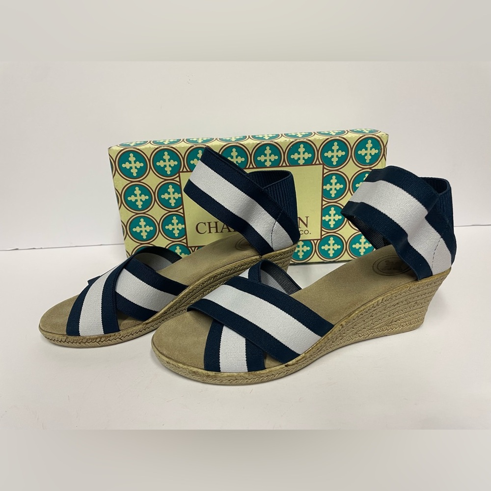 Charleston cannon Striped Navy and White stretch Wedges heels 6